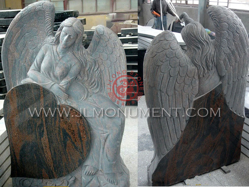 Jet Black Leaning Angel Upright Monument,and Indian Aurora and Angel Headstone-073