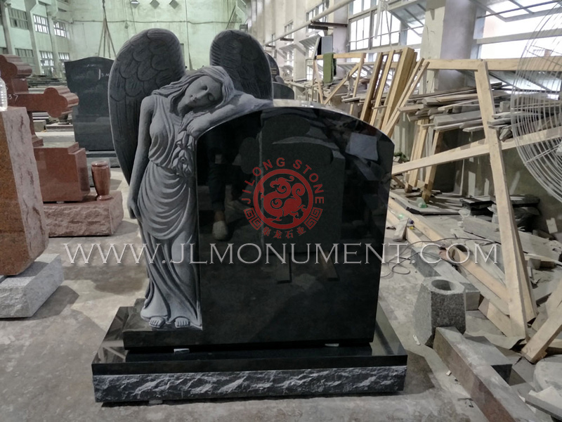 Jet Black Angel with Wings Tombstone, Shanxi Black Angel Carving Headstone and Hand Carved Angel headstones,and Indian Black and Angel Headstone-102